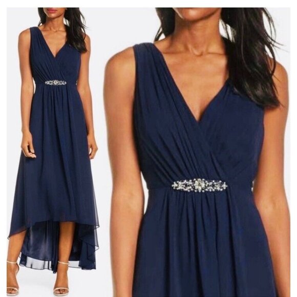 Eliza J Dresses & Skirts - Eliza J Womens Size 10 Navy Embellished High Low Chiffon Cocktail Midi Dress